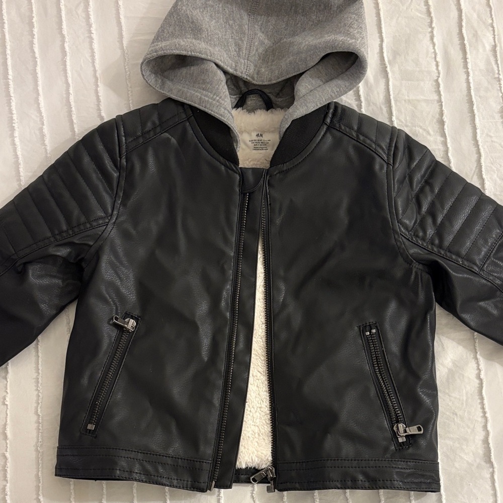 H&M Black Pleather Jacket with Gray Hood